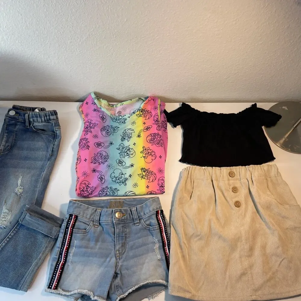 Lot 5 Girls Clothing Size 7 8 Justice Denim Shorts Jeans Corduroy Skirt Top Set